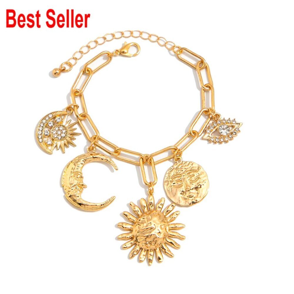 Gold Plated Alloy Bohemian Sun Moon Evil Eye Rhinestone Adjustable Paperclip